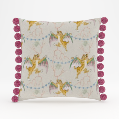 Tiger parade belgian linen with peony pom pillow cover set